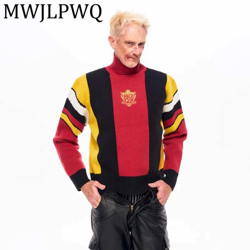 

MWJLPWQ элемент медаль вышивка мотоциклетный свитер с высоким воротом мужской зимний цветной блок лоскутный теплый трикотаж модный 12788