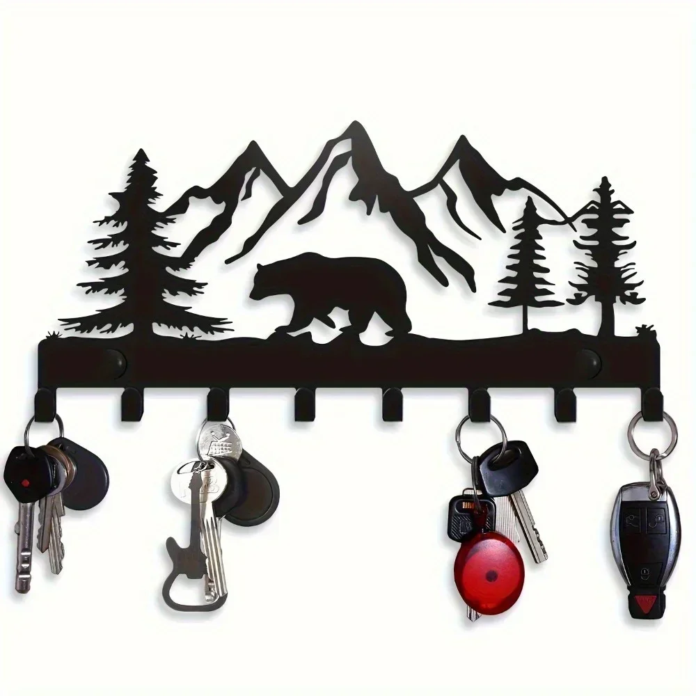 Bear Iron Wall Art Key Holder Metal Entryway Organizer With Hooks For Coats Hats Home Storage Decor