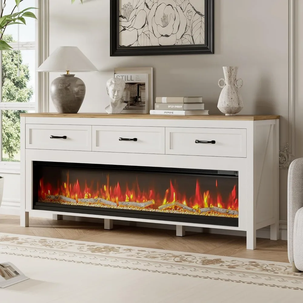 Fireplace TV Stand for 65-75 Inch TVs, Entertainment Center with Electric Fireplace for Living Room