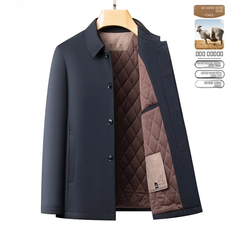 

Warm Wool Blend Cotton Jaet for Men Busin Casual Flip Collar Dad Clothes Autumn Winter Thermal Polyester Fiber Stand Fit