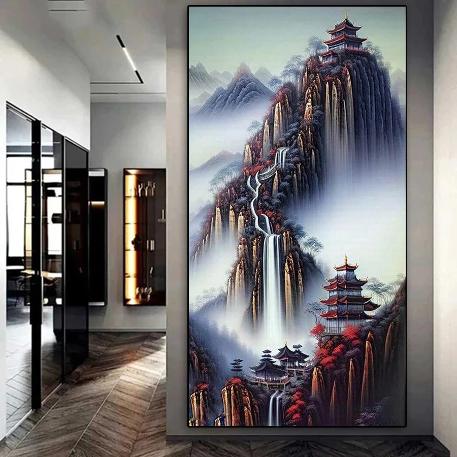 Big Size Diamond Painting New Arrival 2024 Pavilion Waterfall Scenery Diy Full Mosaic Embroidery Landscape Picture Wall Decor