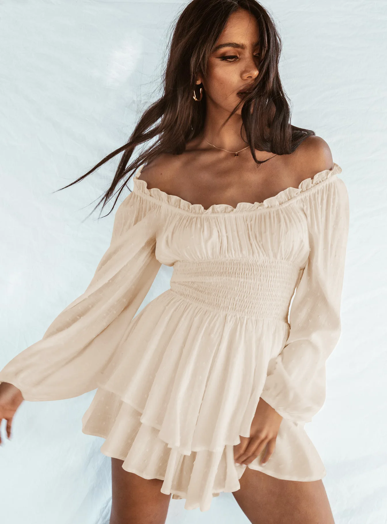 2024 Summer Women's Pleated Off-Shoulder Long-Sleeve Casual Ruffle French Jumpsuit Dress