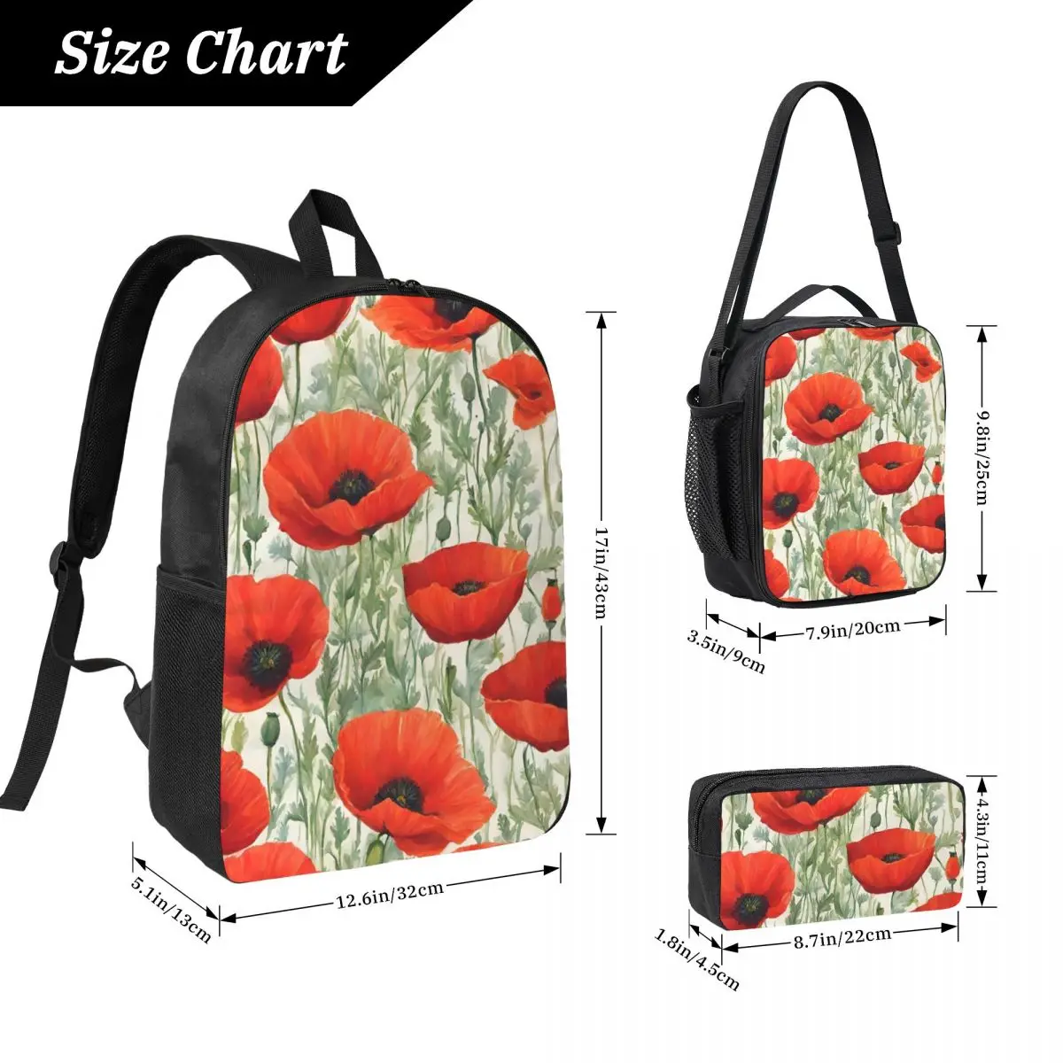 Poppy Flower And Plant Pattern Backpack Boys Girls BookBag School Bag Computer Shoulder Bags 3ps Insulated Lunch Bag Pencil Case