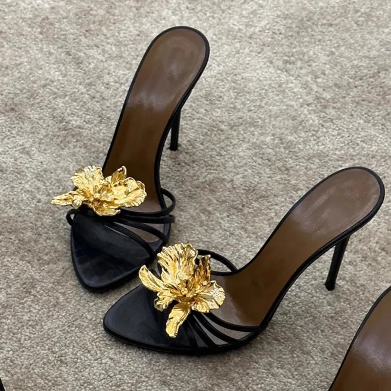 2025 Women's Sandals Slippers Summer Metal Flowers Beautiful Fashion Sandals Women's Stiletto High Heels Black Sandals image 2