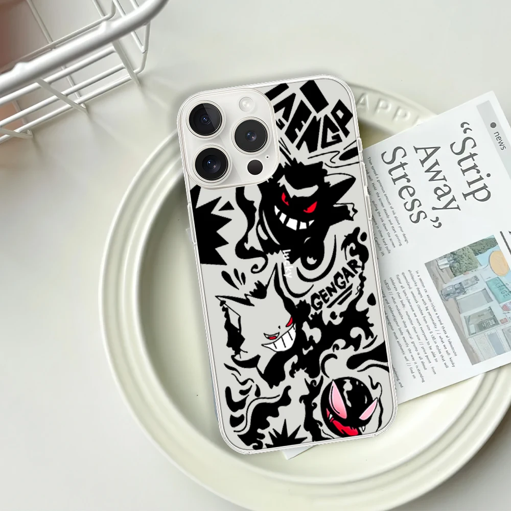 MINISO Cartoon P-Pokemon G-Gengar Phone Case for iPhone 12 11 13 14 15 16 Max Pro Plus Transparent Soft Shell