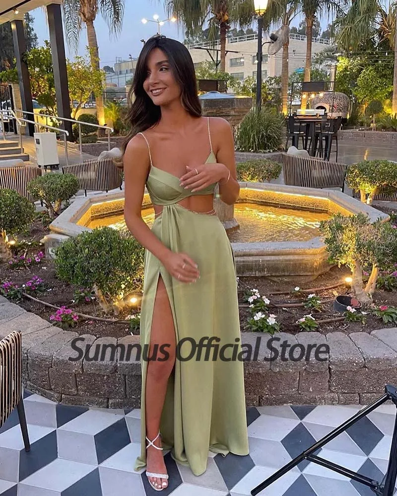 Sumnus-vestido de fiesta verde claro para mujer, traje Sexy de satén con abertura lateral, tirantes finos y cuentas, para verano, 2024