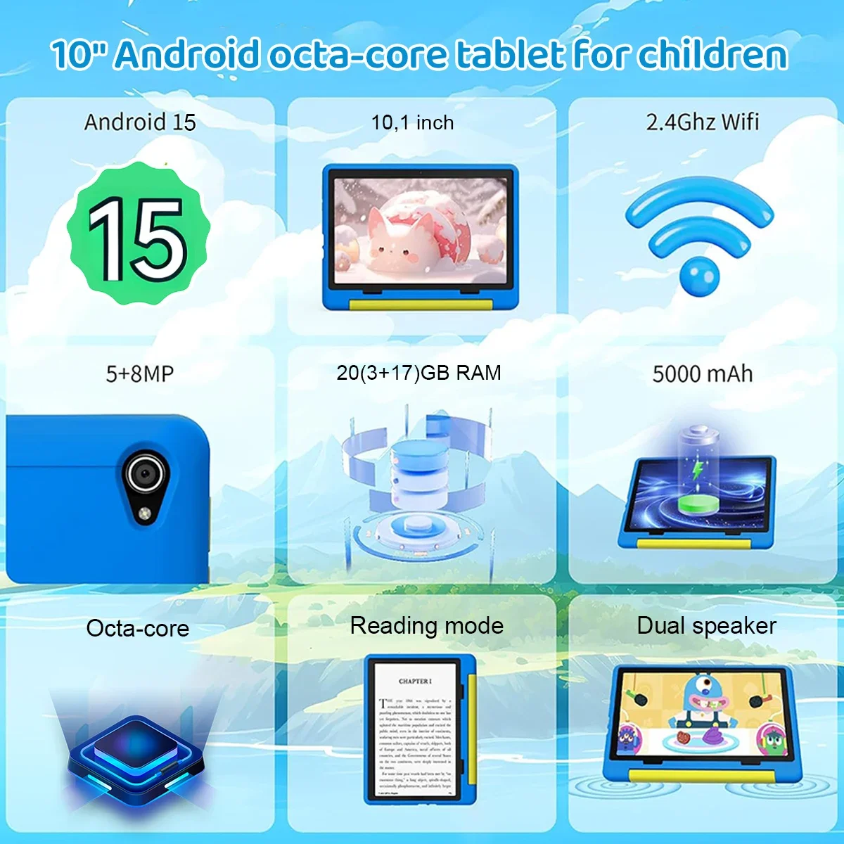 URAO 10 Inch Android 15 Tablet Cartoon Pattern Kids Tablet  20GB RAM 64GB ROM Learning Education Games Tablets Children's Gifts