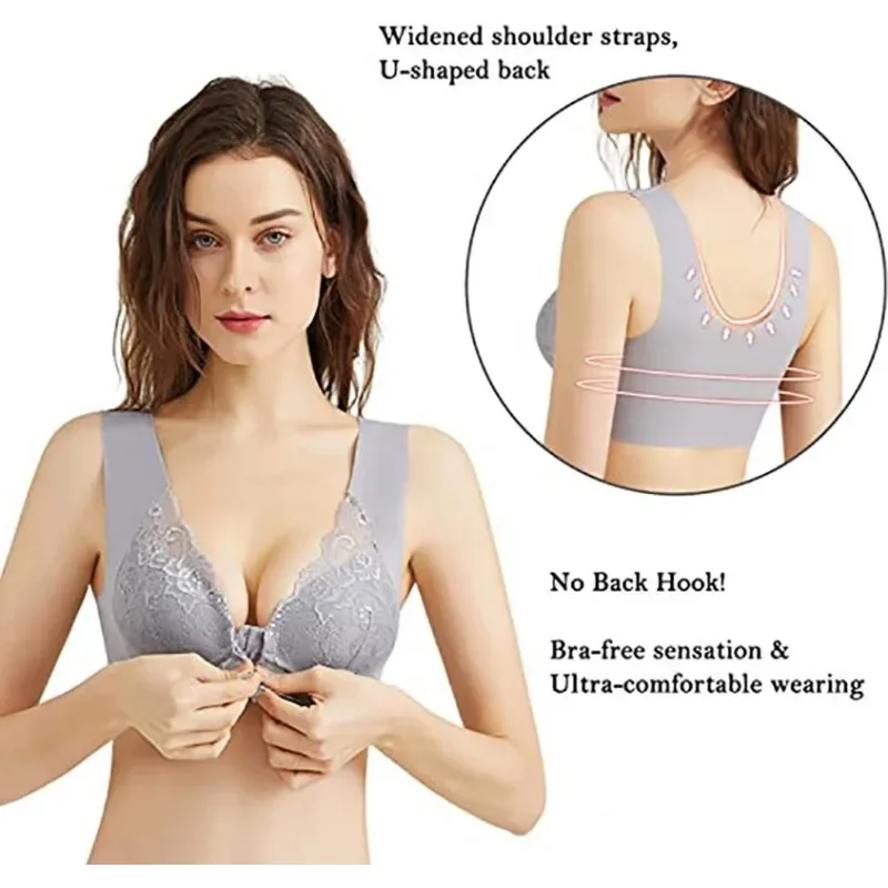 Women Front Closure 5D Beauty Back Sports Comfy Bra Extra-Elastic Breathable Female Vest Push Up Full Cup Lace Gather Brassiere