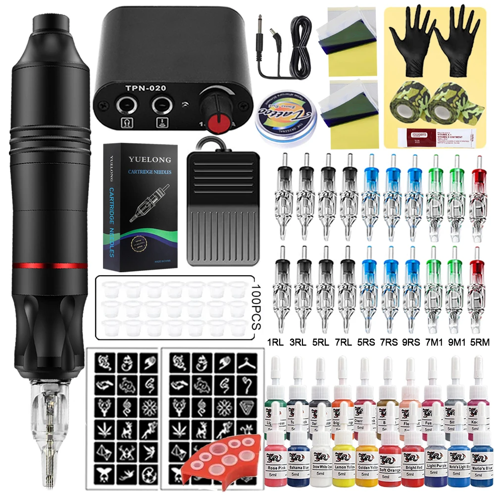 Complete Cartridge Tattoo Pen Machine Kit with Tattoo Power Supply Pedal and Cartridge Needle for Tattoo Artist Set