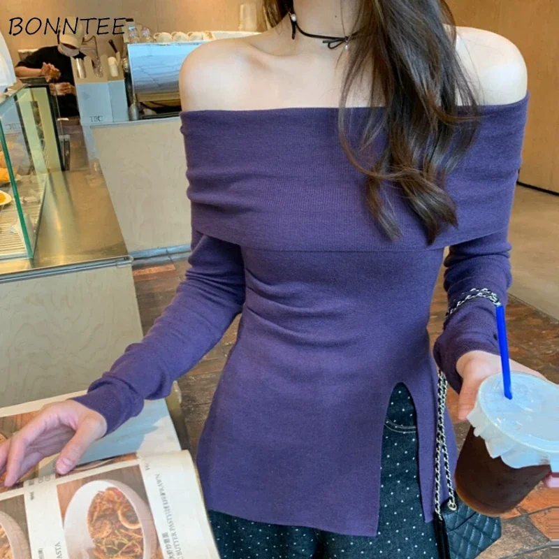 Slash Neck Knitted Pullovers Women Slit Solid Slim Casual Tops Temper All-match Off Shoulder Korean Style Girls Basic Autumn