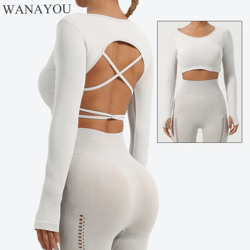 

WANAYOU Women Yoga Shirts With Criss Cross Back Chest Pad-free Fitness Training Long-sleeved Sport Crop Tops Sports Shirts