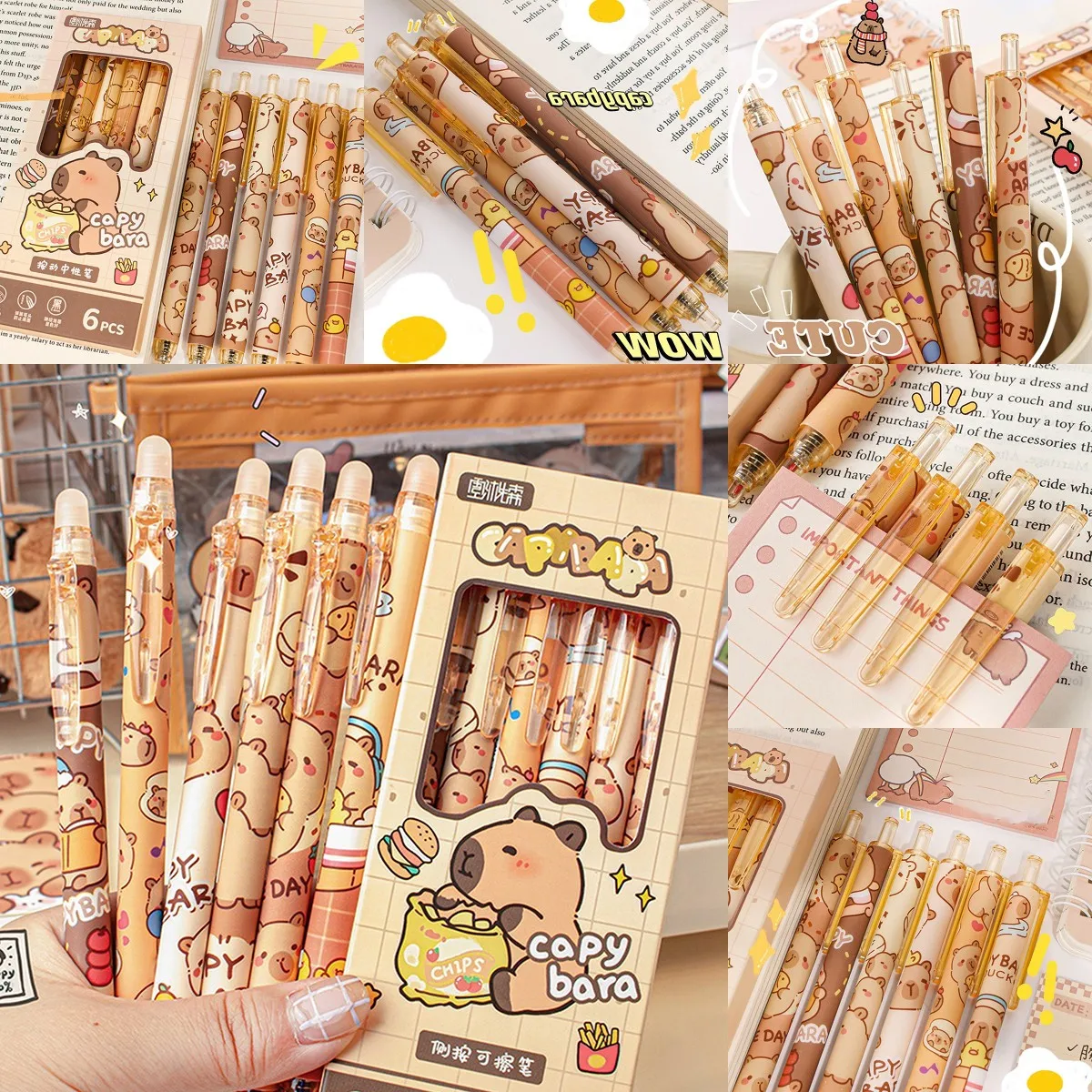 Juego de bolígrafos de Gel Kawaii de secado rápido, bonitos bolígrafos borrables azules, suministros escolares de oficina, papelería estética Kawaii, 6 piezas