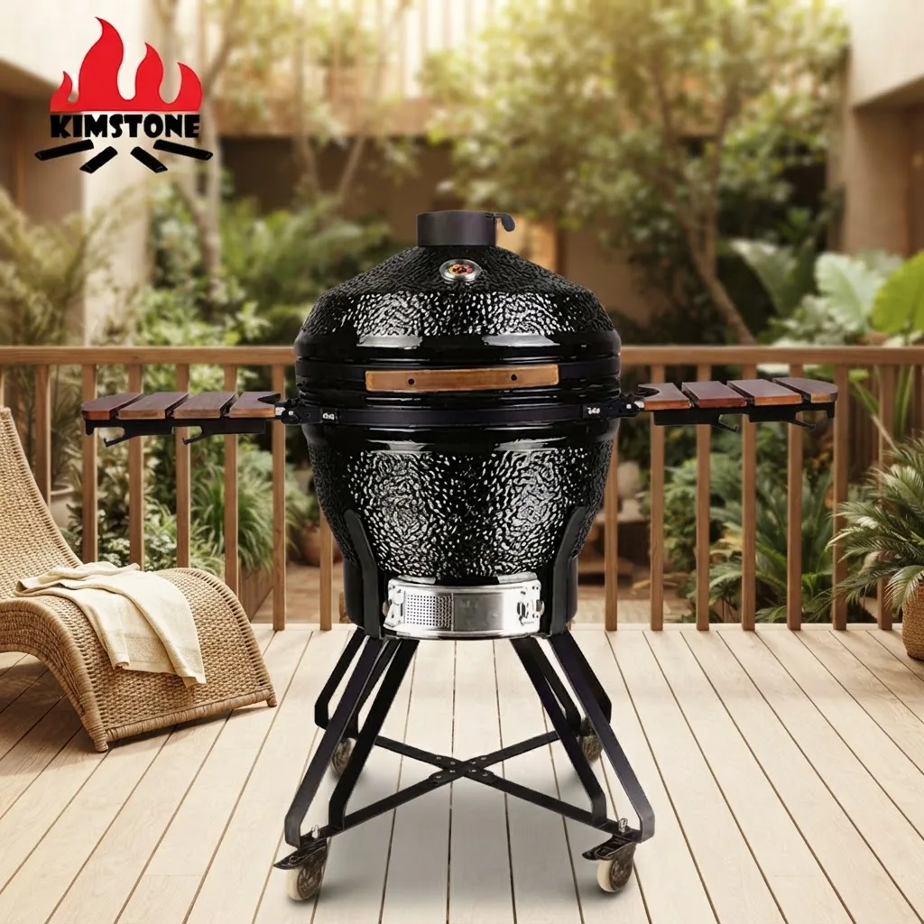24 Inch Premium Charcoal Grill Smoker Kamado BBQ Smoker Cart Side Shelves Stainless Steel Grates Porcelain Enamel Finish Folding