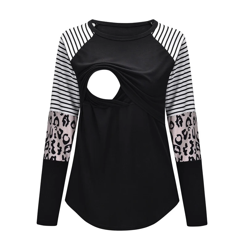 Maternity Tshirt Women Mom Pregnant Nursing Baby Long Sleeved Stripe Tops Leopard Print Long Sleeve Nursing T-Shirt