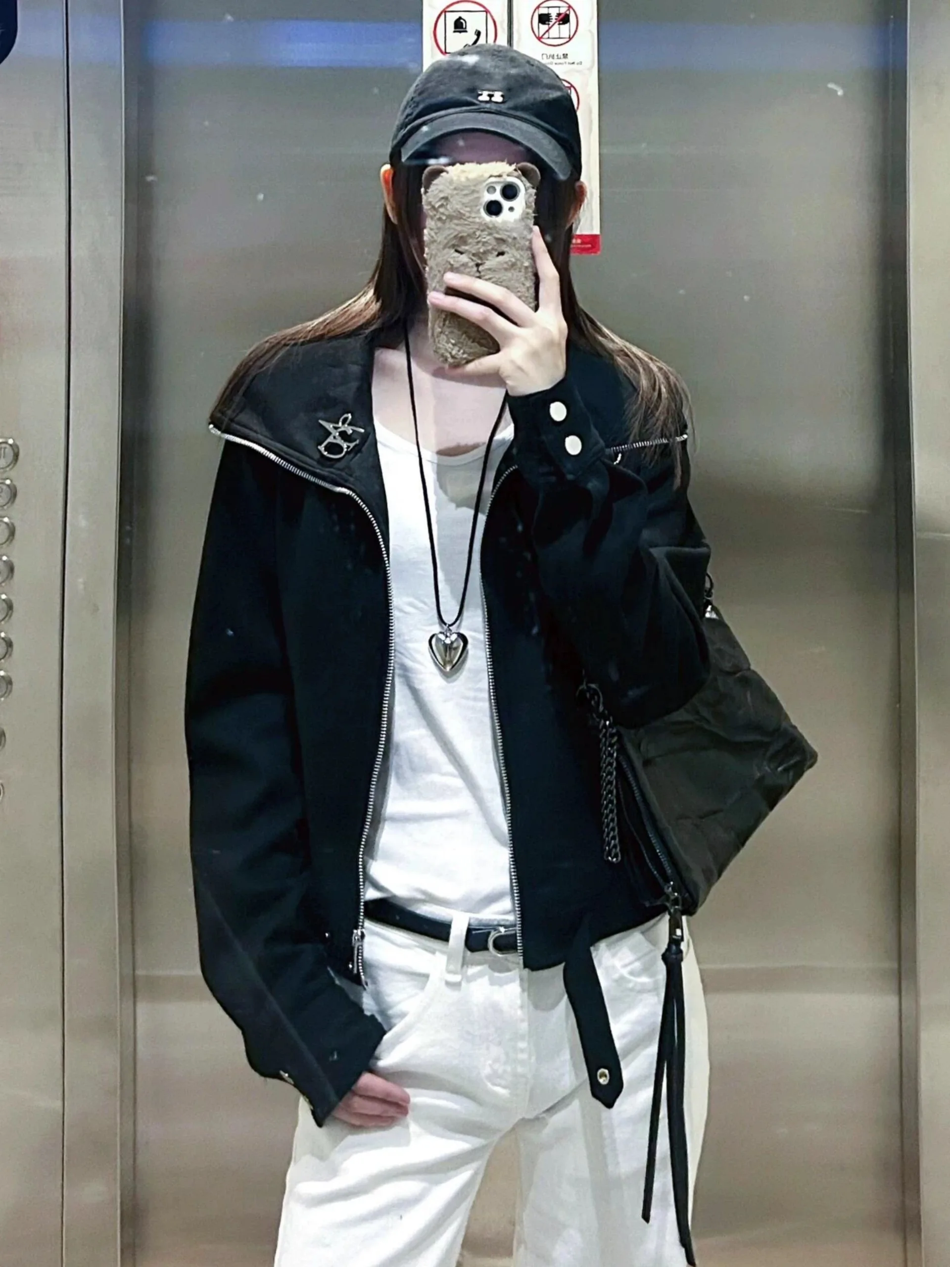 Korean College Style Short Women's Jacket Sweet Cool Black Flip Collar Top Loose Fit Zipper Long Sleeve Autumn Winter Coat