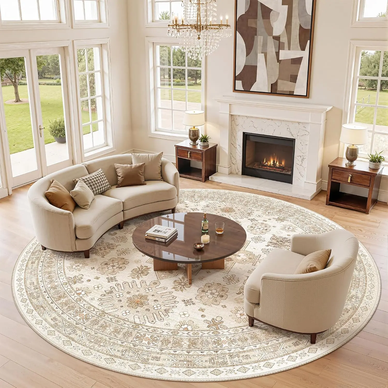 Large Round Boho Area Rug Cream Beige Moroccan Vintage Pattern Plush Floor Mat Living Room Decor Soft Cushion Carpet Accent Rug
