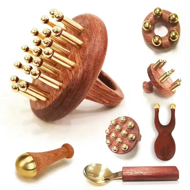 

Therapy wooden stick wood gua sha guasha set logo custom gua sha massage tool Brass wooden head hair scalp massager comb brush