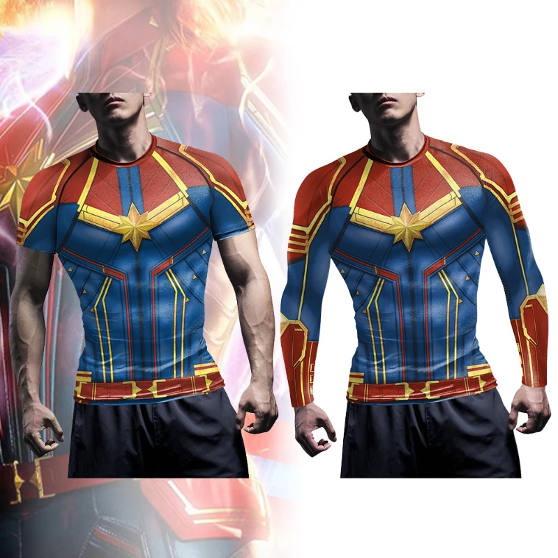 

Moive Captain Marvel Cosplay Compression Shirts Superhero 3D Printed Raglan Sleeve Bodybuilding Top Long Sleeve Tees