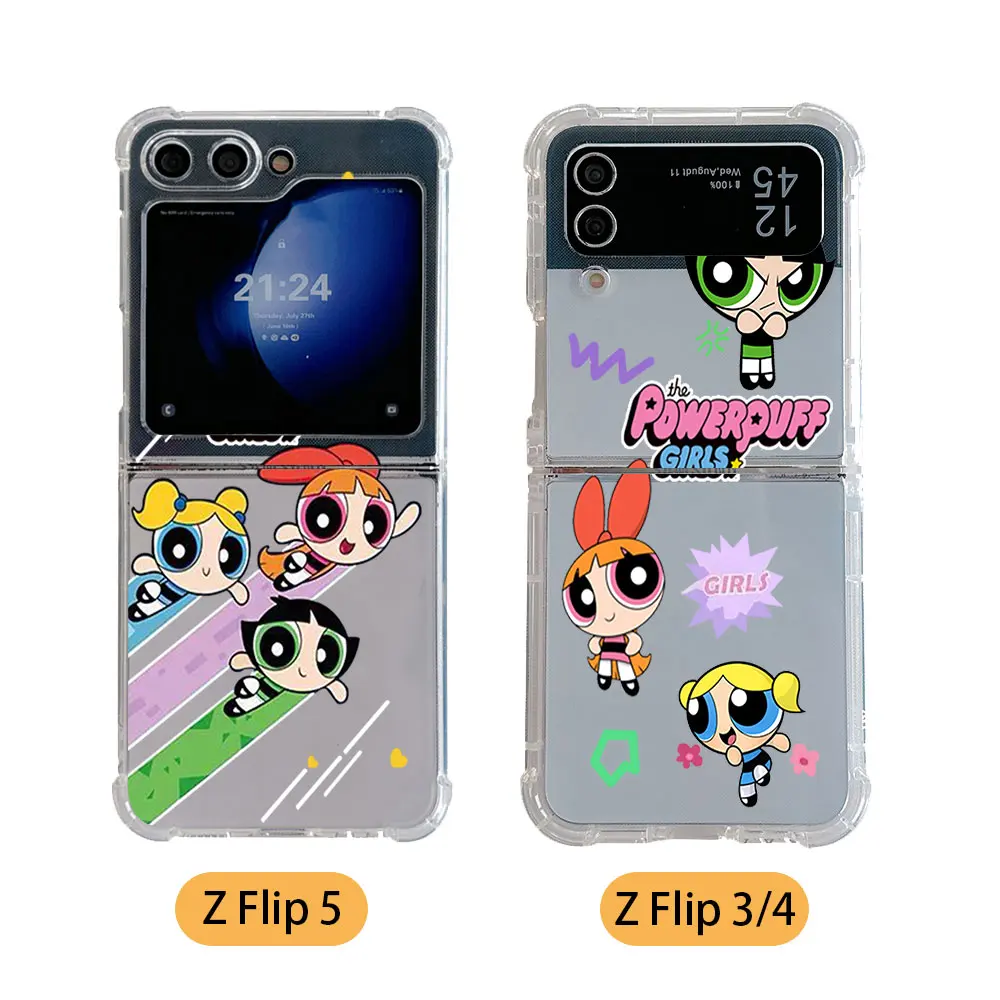 Cartoon The P-Powerpuffs Girls Phone Case for Samsung Galaxy Z Flip 3 4 Z Flip 5 6 Z Fold 4 5G PC Soft Anti-fall Back Cover