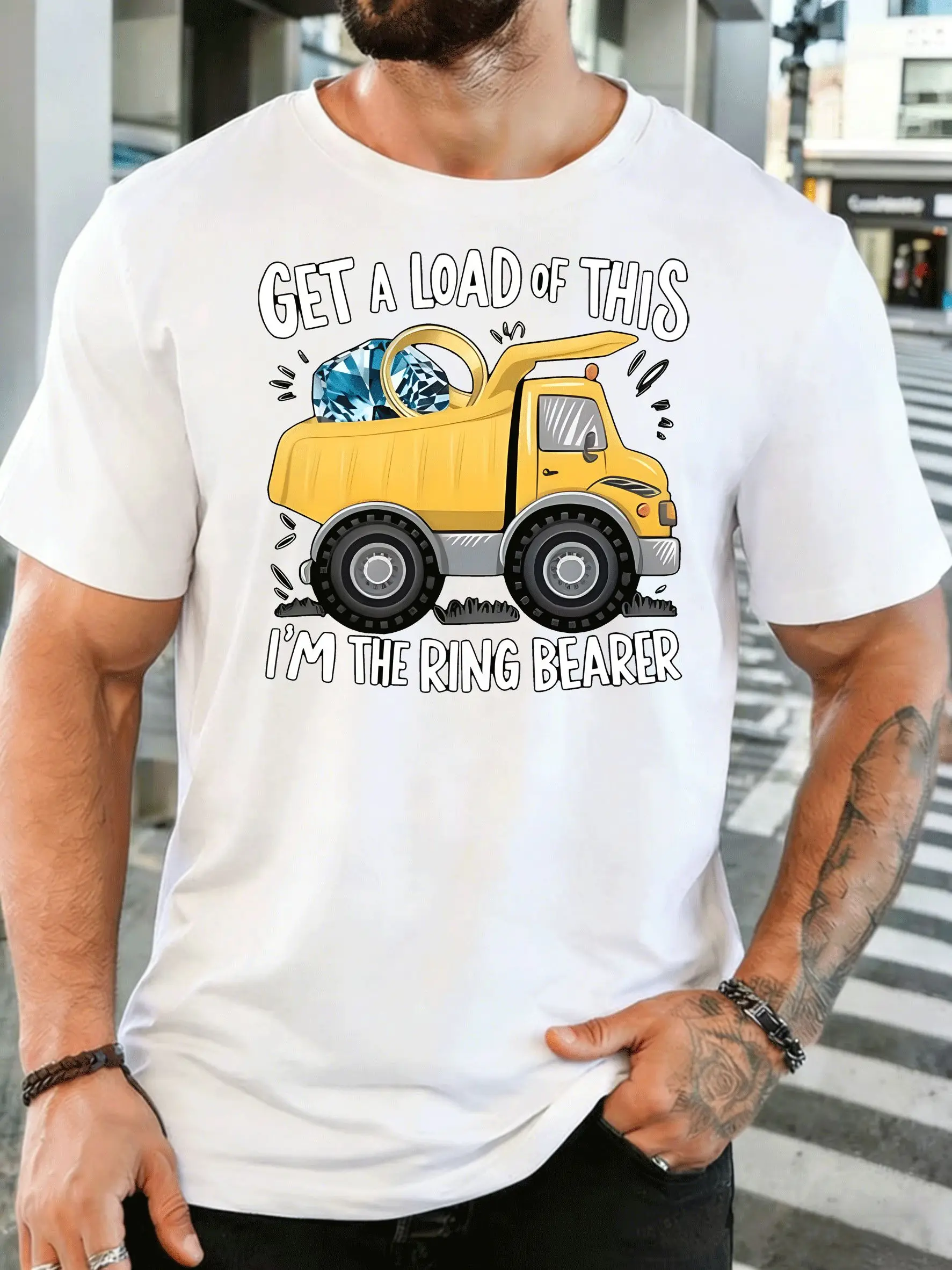 Yellow Dump Truck Ring Bearer Quote Mens Front Print T Shirt Wedding Graphic Tee Casual Short Sleeve Top Wedding Party Gift