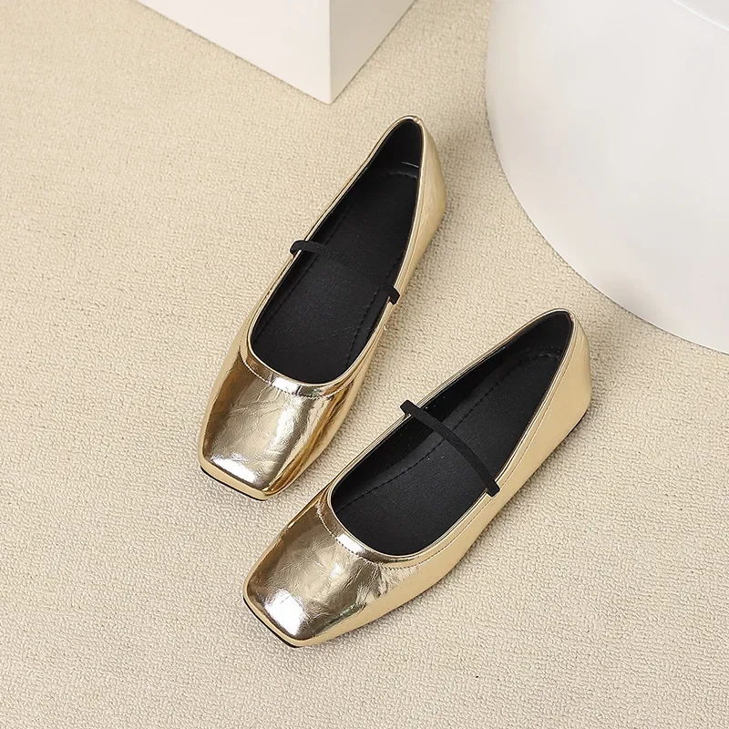 2024 New Women Mary Janes Soft Sole Flats Ladies Retro Square Toe Silver Gold Party Leather Loafers Elegant Slip-on Ballet Shoes