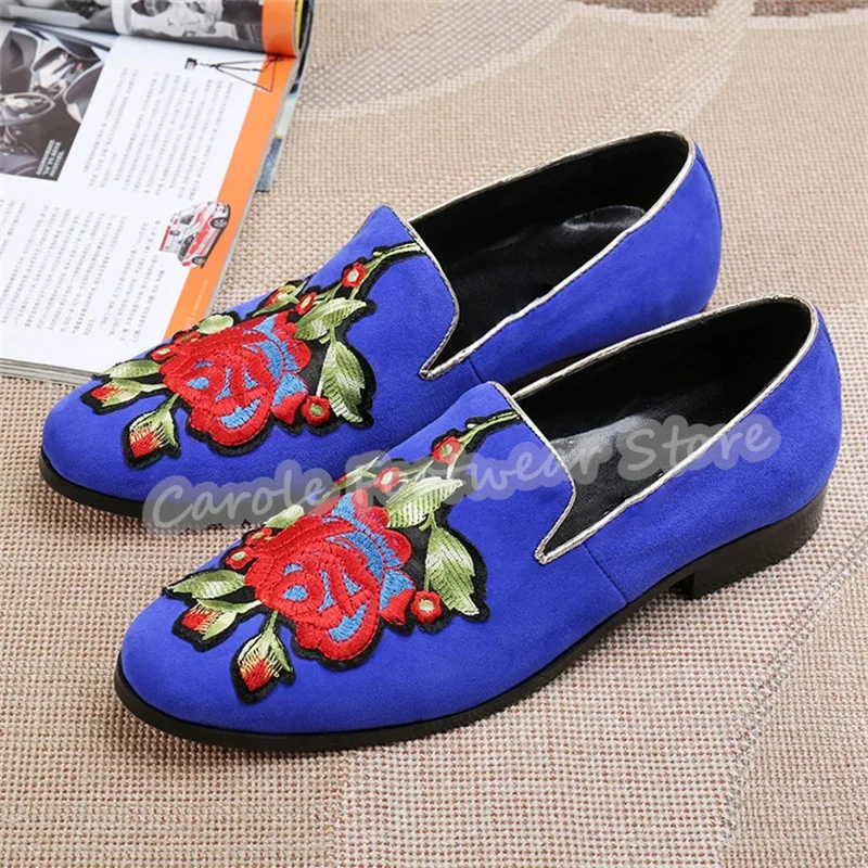 

Male Mixed Color Embroidery Shallow Slip-On Mules Summer Breathable Genuine Leather Low Heel Loafers Men Outside Casual Shoes