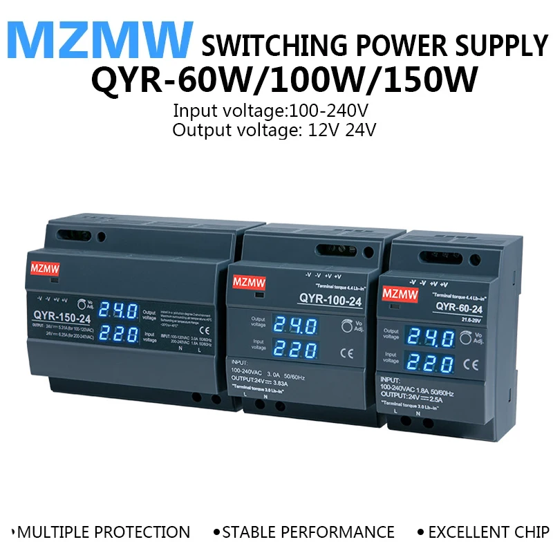 QYR-DIN Rail Switching Power Supply 60W 100W 150W AC DC 12V 24V With Digital Display Step Shape Industrial For LED Light Strip