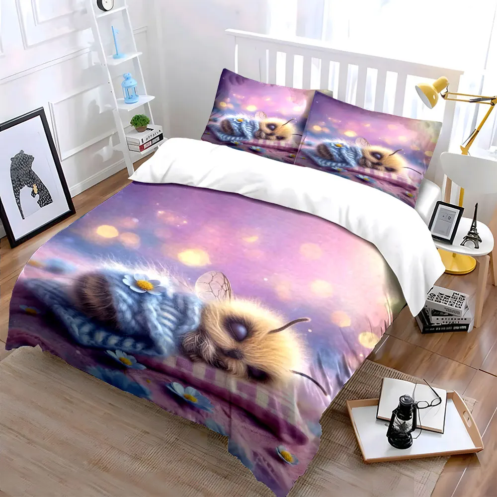 A tiny bee sleeping peacefully Print Bedding Set 1 Duvet Cover 2 Pillowcases for Adult and Children Luxury Gift Full Size