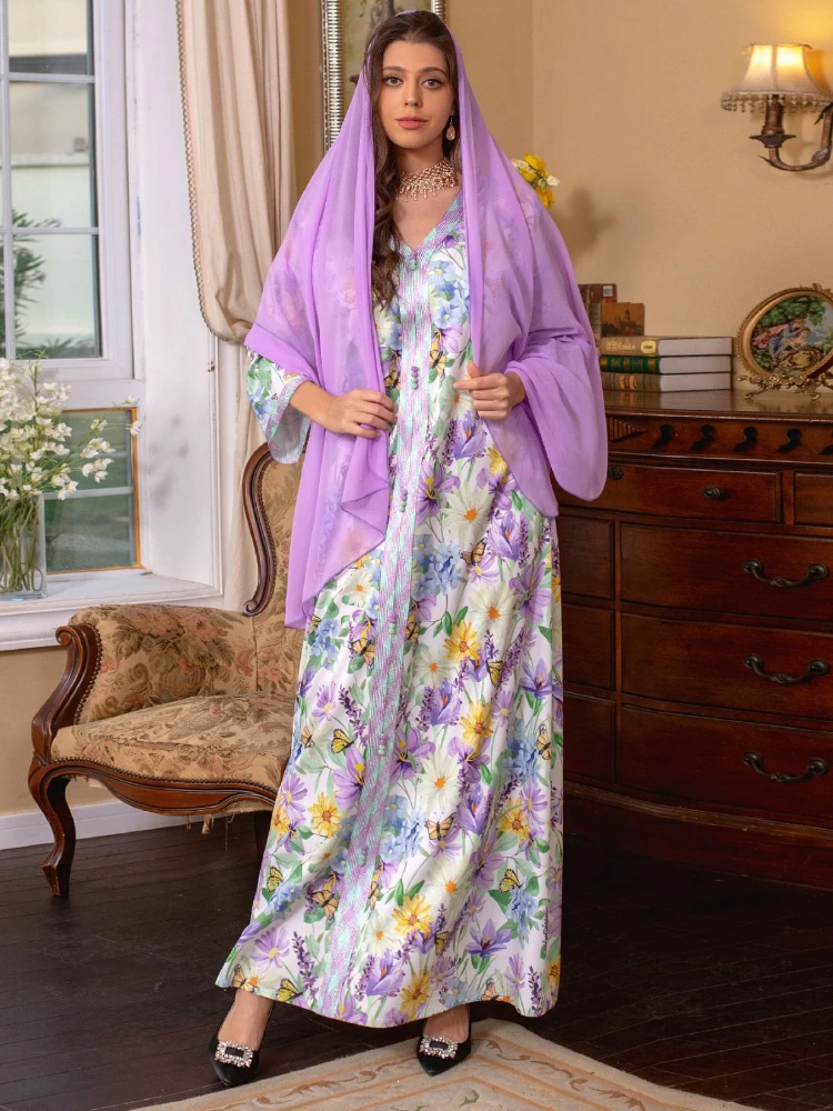 

Floral Printed Abaya Gulf Jalabiya for Women Belted Braided Trimming Morocco Kaftan Hijab Evening Dress Ramadan Eid Muslim Dubai