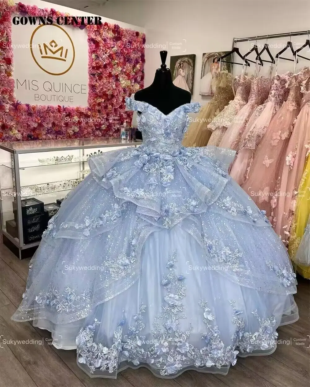 Light Blue Quinceanera Dresses Shinning Off The Shoulder Tulle Party Dresses Sweet 15  Birthday Princess Quinceanera Dress