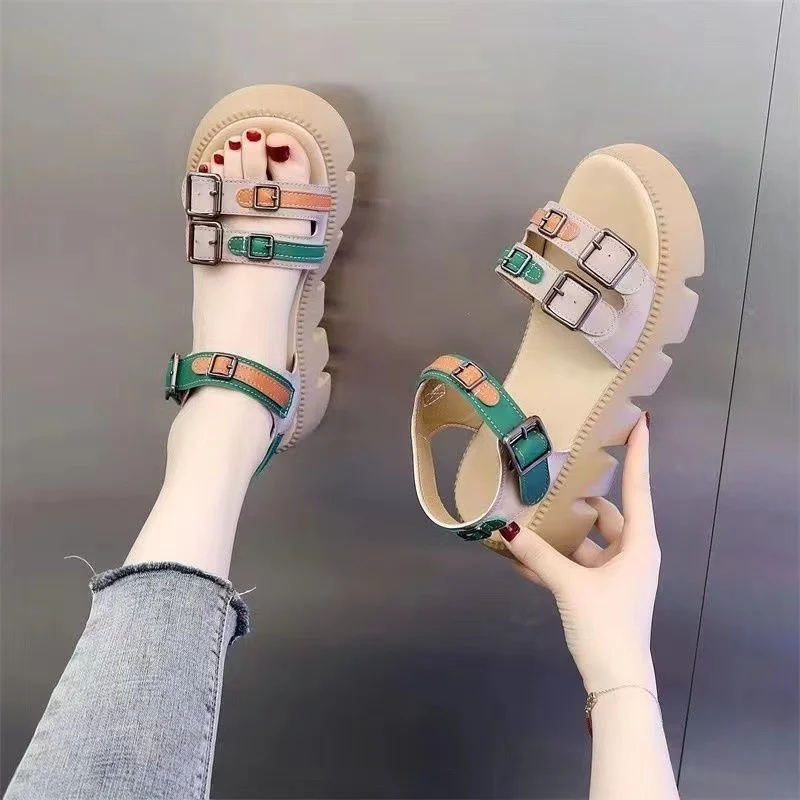 Summer Shoes for Women 2023 New Retor Open Toe Women\'s Platform Sandals Punk Metal Buckle Ankle Strap Ladies Casual Sandalias