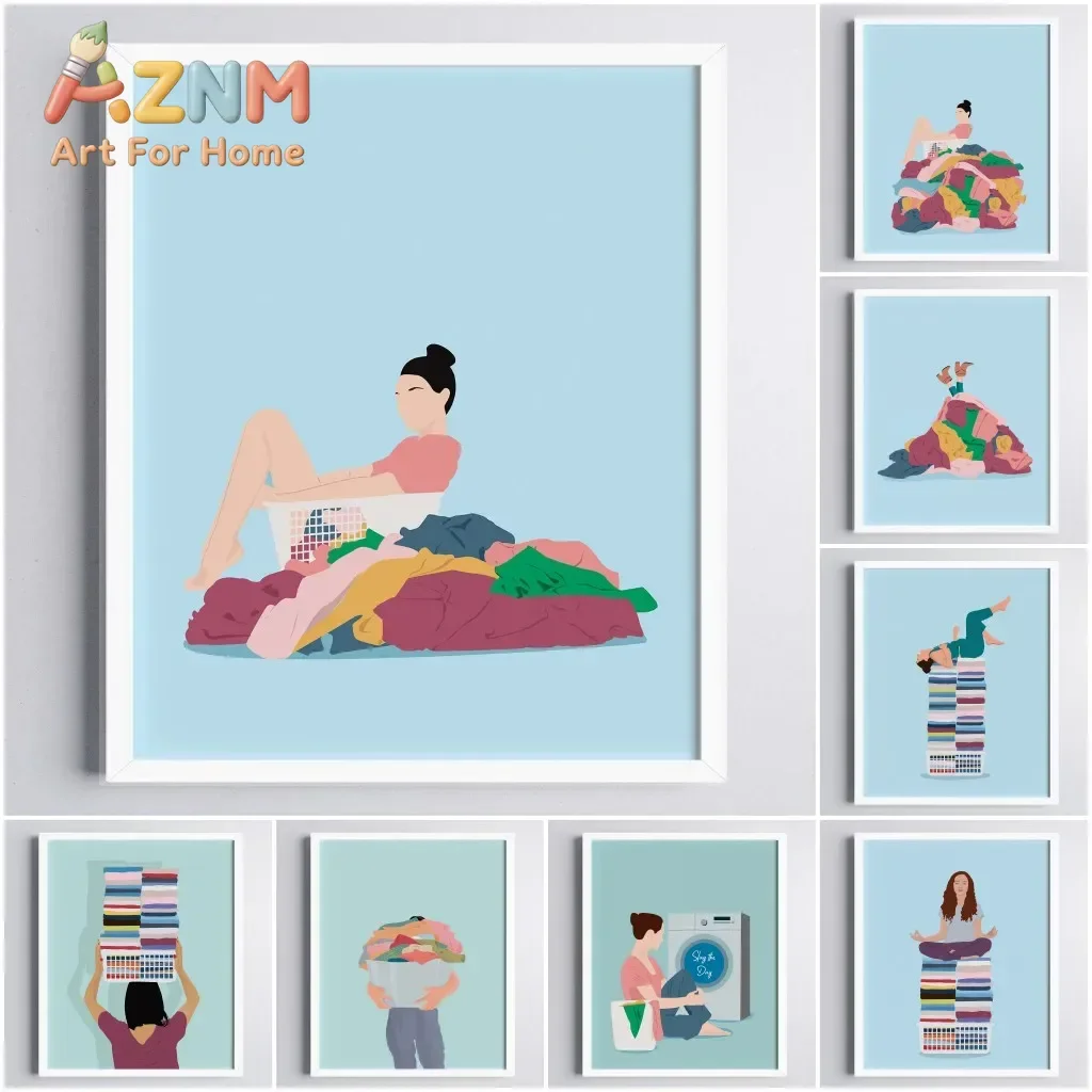 2026 Pastel Colors Art Print Laundry Day Canvas Painting Floating on Clothe Funny Poster Pictures Bedroom Bathroom Home Decor