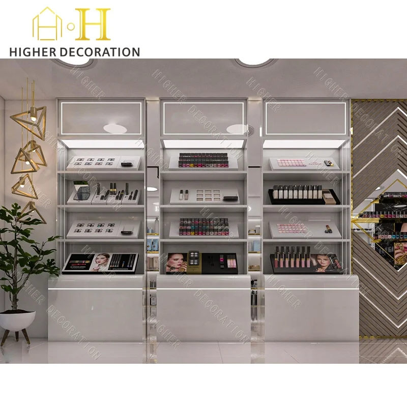 custom.High End Cosmetic Shop Design Custom Cosmetic Display Cabinet Wood Makeup Display Stand Cosmetics Display Showcase