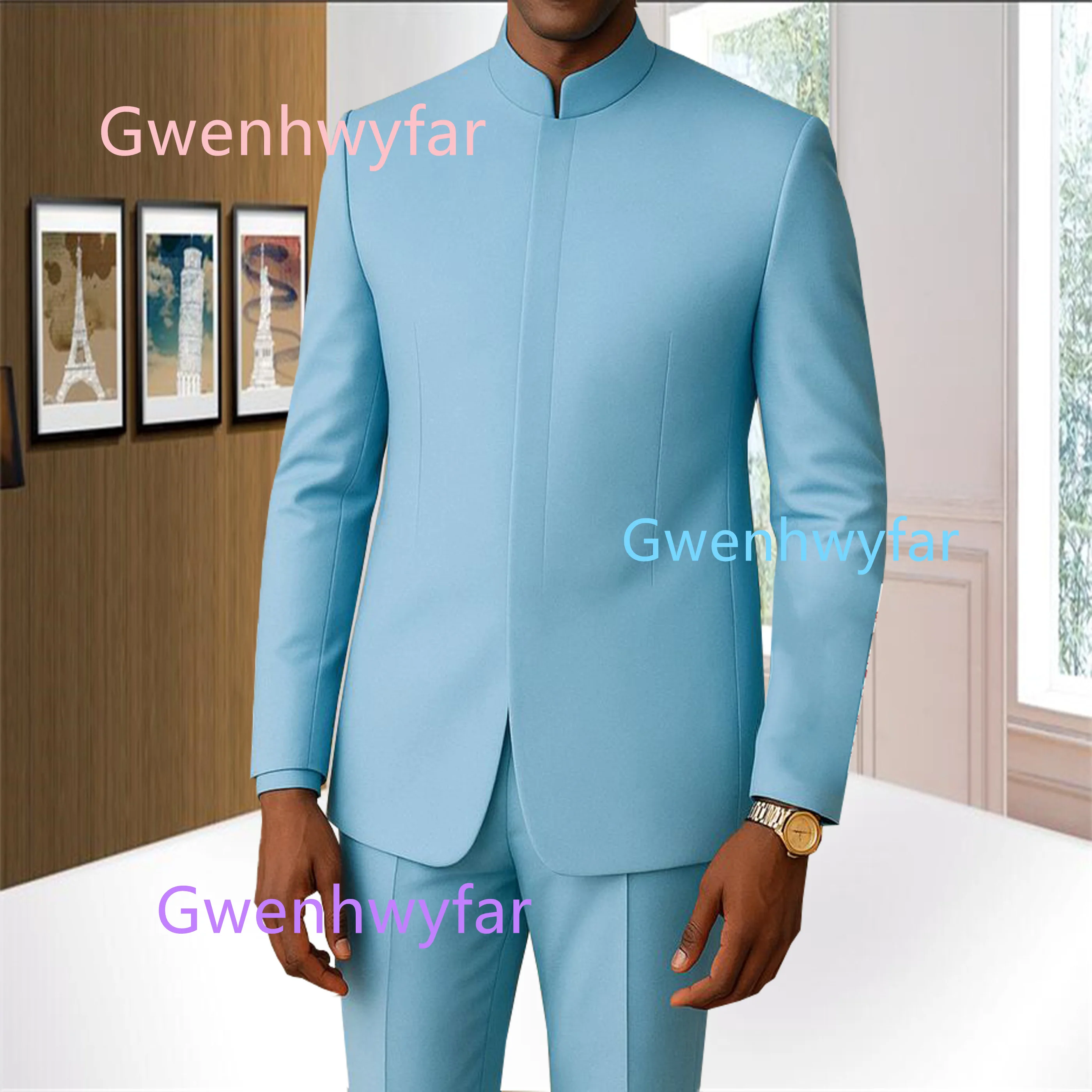 G&N Men's 2-piece Suit Light Blue Invisible Button Blazer Pants Set African Style Business Dress Gold Buttons Outfits for Party