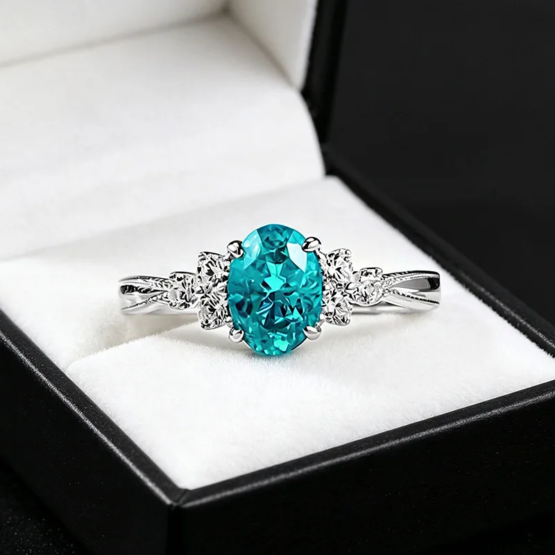 100% Original Certified PT950 Oval 5*7mm Paraiba Ring Set with Mosaic Diamonds in White Gold Jewelry