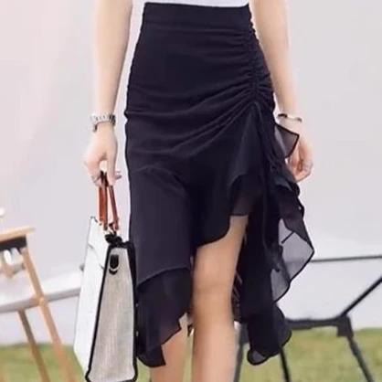 high waisted fishtail skirts women A-line wrap buttocks irregular ruffled skirt