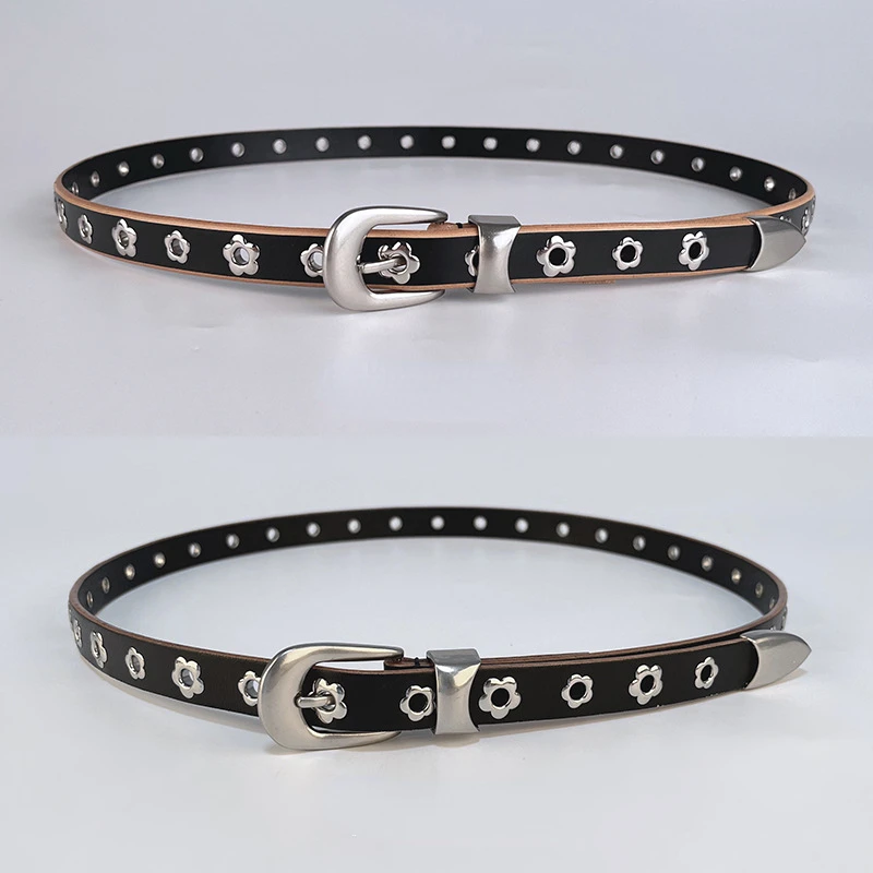 Rivet Leather Women\'s Belt Head Cowhide with Jeans Niche Design Premium Sense Black Flower Belt Student