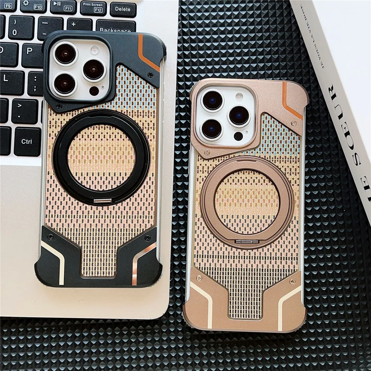 

Aluminum Alloy Golden Thread Case For iPhone 13 14 15 16 Pro Max Plus Metal Frameless with 360°Rotating Magnetic Ring Stand Case