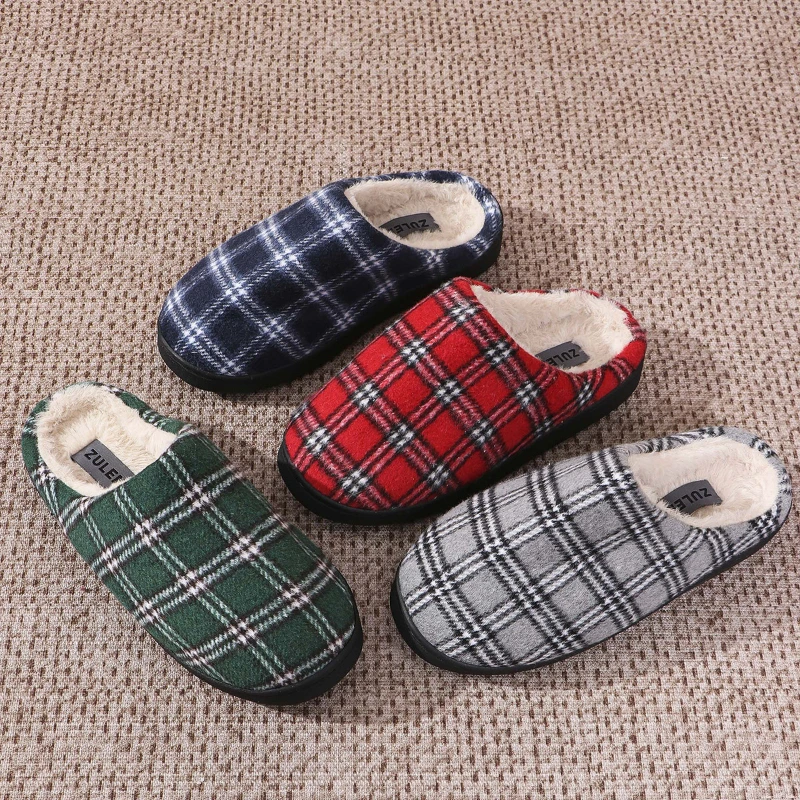 New Men's Warm Couples slippers Striped House Cozy Non-slip Plaid Cotton Slippers Winter Soft Indoor Bedroom Couples Shoes