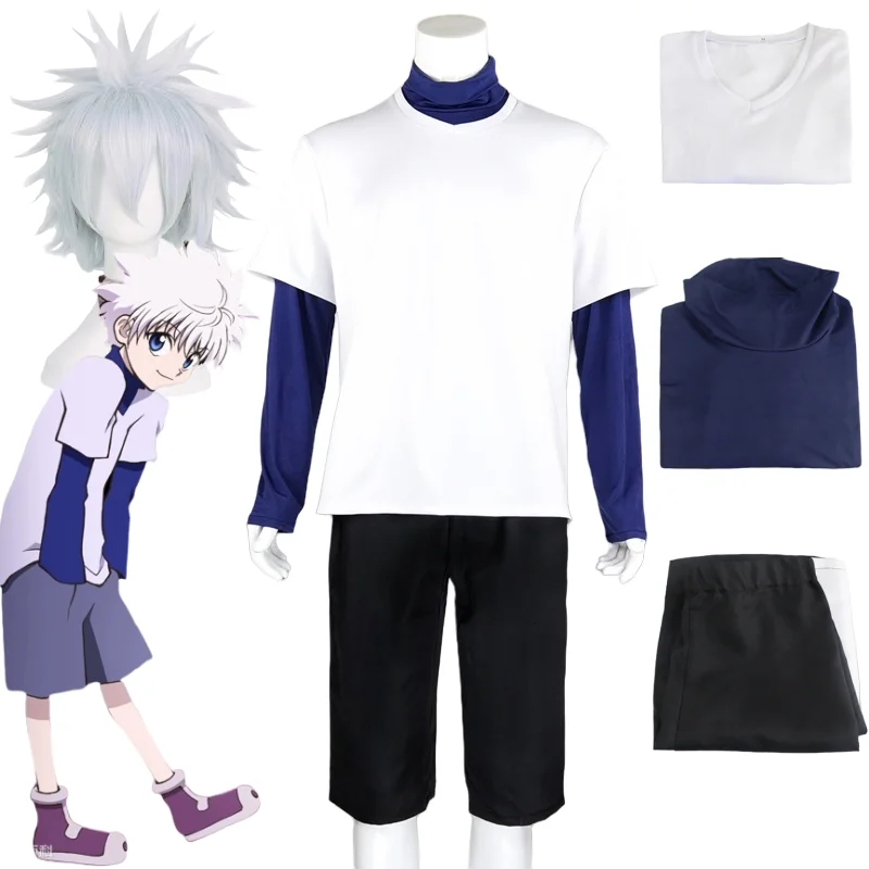 Anime HUNTER HUNTER Cosplay Costume Killua Zoldyck Number 99 Badge Suit Shirt Short White Wig Comic-Con Carnival Party Clothing