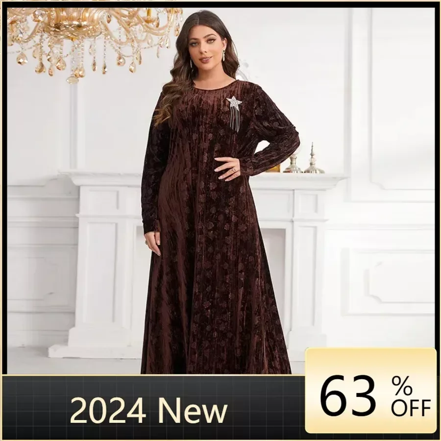 

Abayas for Women Dubai 2024 Fashion Muslim Women Long Sleeve O-neck Velvet Plus Size Long Maxi Dress Muslim Fashion Abaya