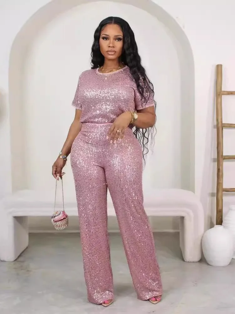 Pantaloni lunghi da donna con paillettes ort Sve Set Bright iny Pantaloni casual a gamba dritta a vita media bassa in tessuto PVC Colore puro