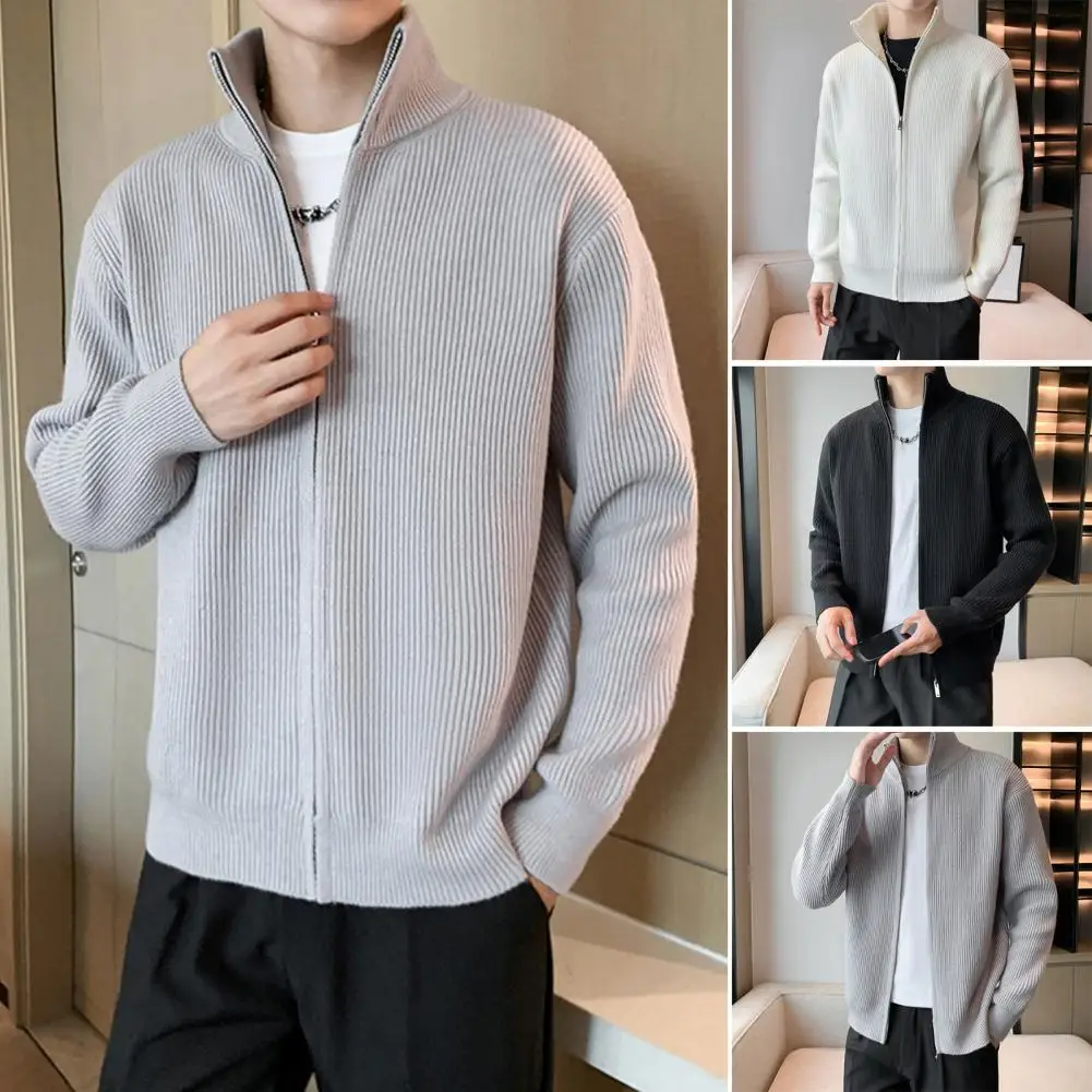 Men Sweater Coat Zipper Closure Knit Elastic Long Sleeves Stand Collar Outerwear Casual Cardigan School Mid Length Jacket