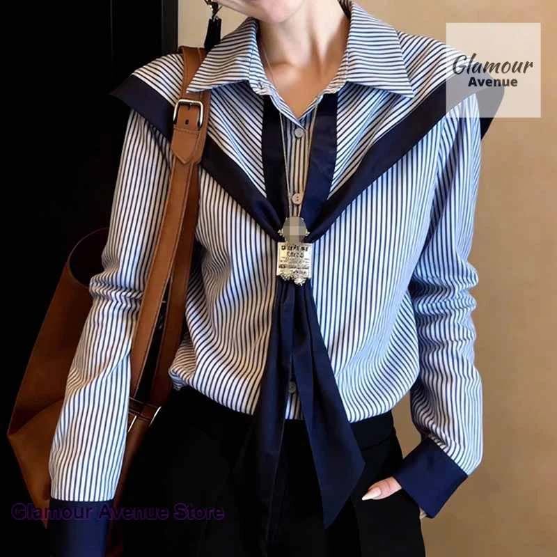 

Korean-style college wind age-reducing relaxed and comfortable fashion striped shirt women's spring and autumn shawl blouse