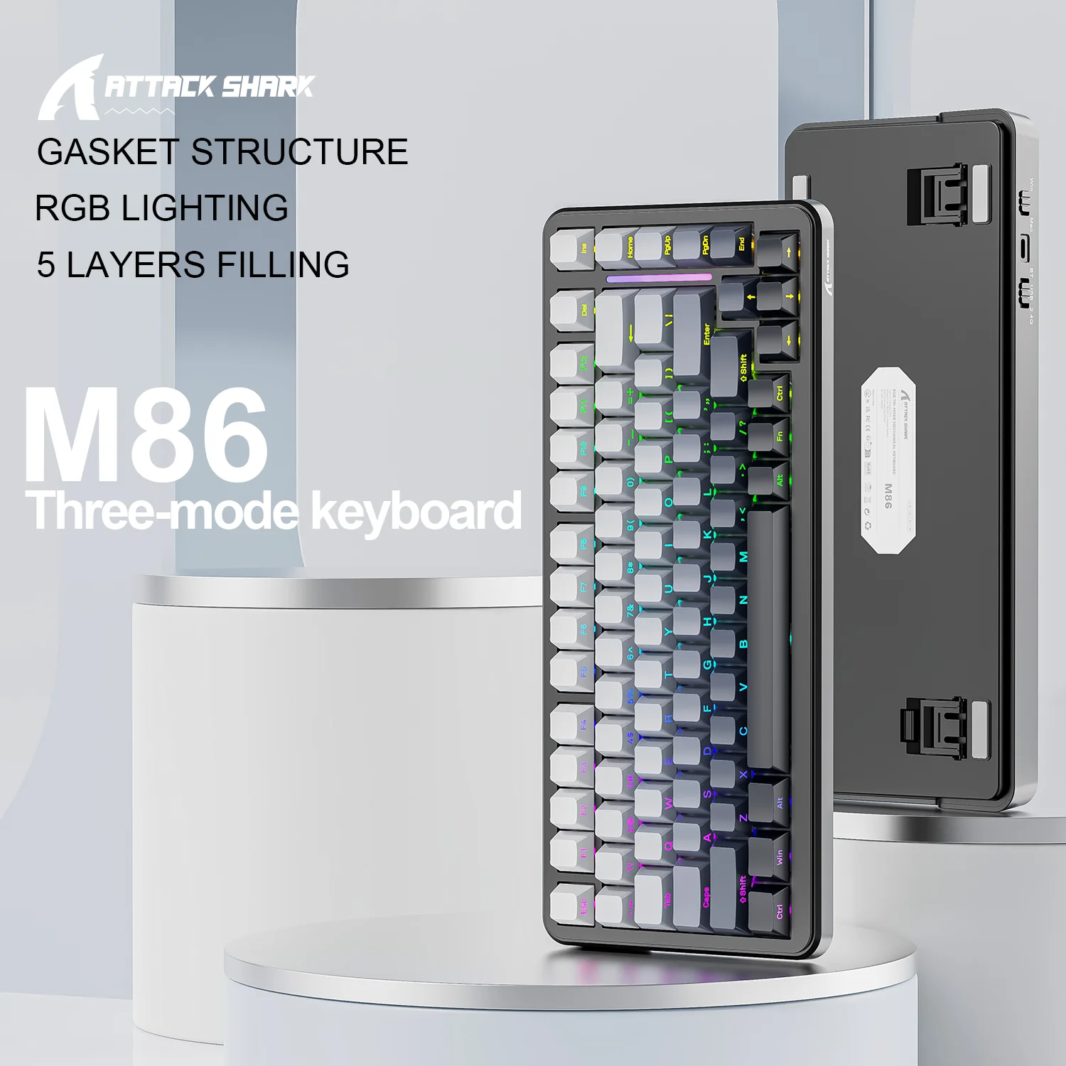 

Attack Shark M86 Компактная беспроводная механическая клавиатура 82 клавиши 75%, RGB Hot-Swappable, Bluetooth, Tri-Mode, Gasketed, PBT клавиши