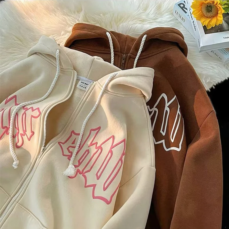

Hoodies Women High Street Harajuku Retro Hip Hop Zip Up Hoodie Loose Man Sweatshirt Hoodie Clothes Y2K Hoodie