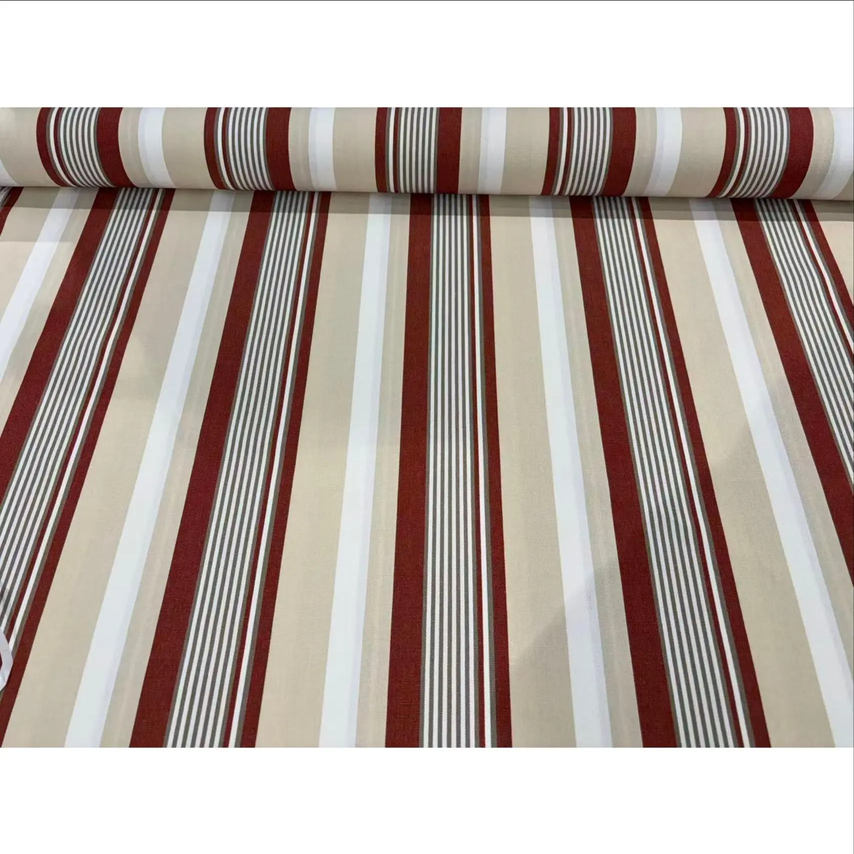 Tela para Toldo con Acabado Teflón - Diseño rayas granate, beige y blanco - Disponible en 1m, 3 m, 5 m, 8m y 10 m
