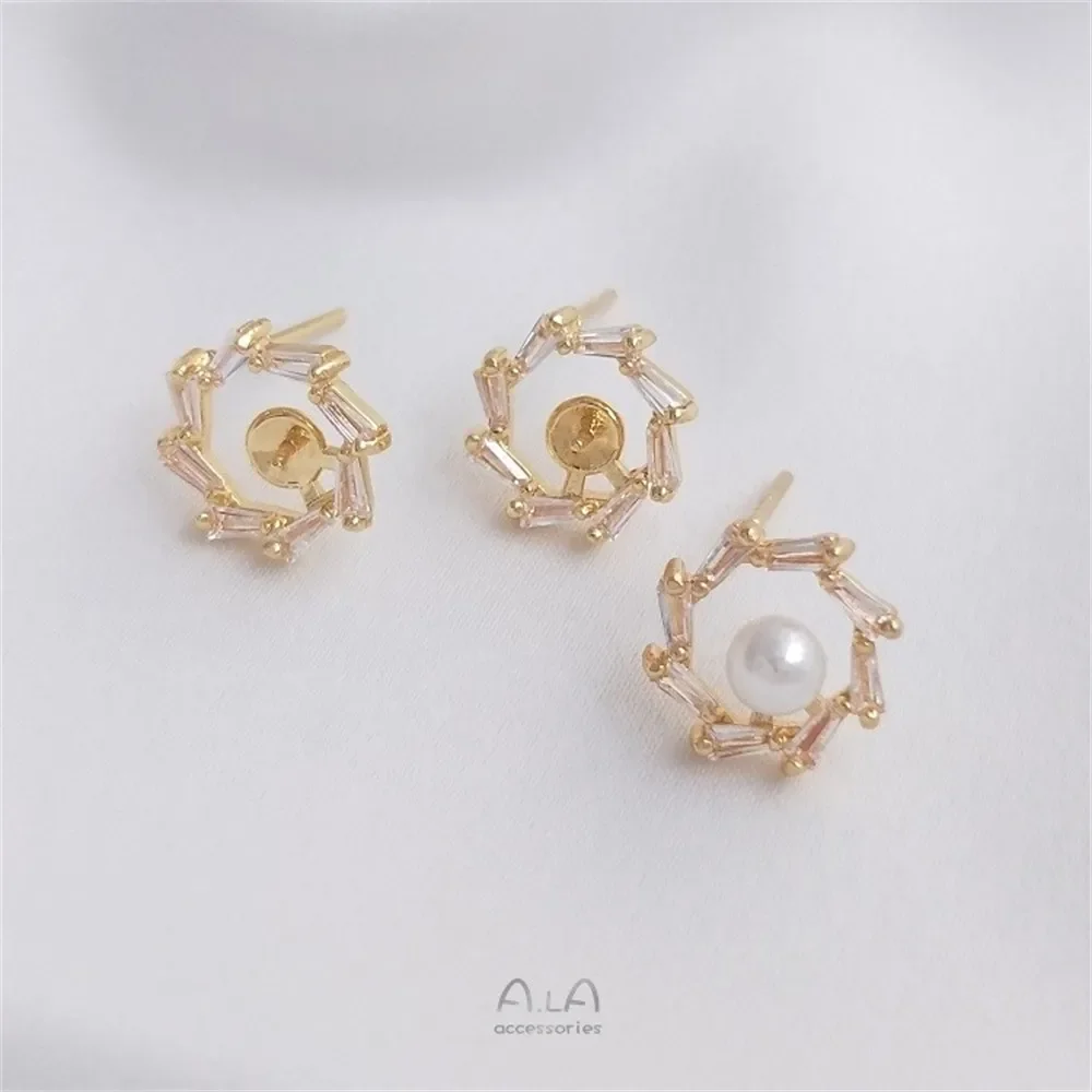 14K Gold Inlaid Zircon Half Hole Pearl Holder Flower Ring Earrings 925 Silver Needle Handmade DIY Ear Jewelry Accessories E130