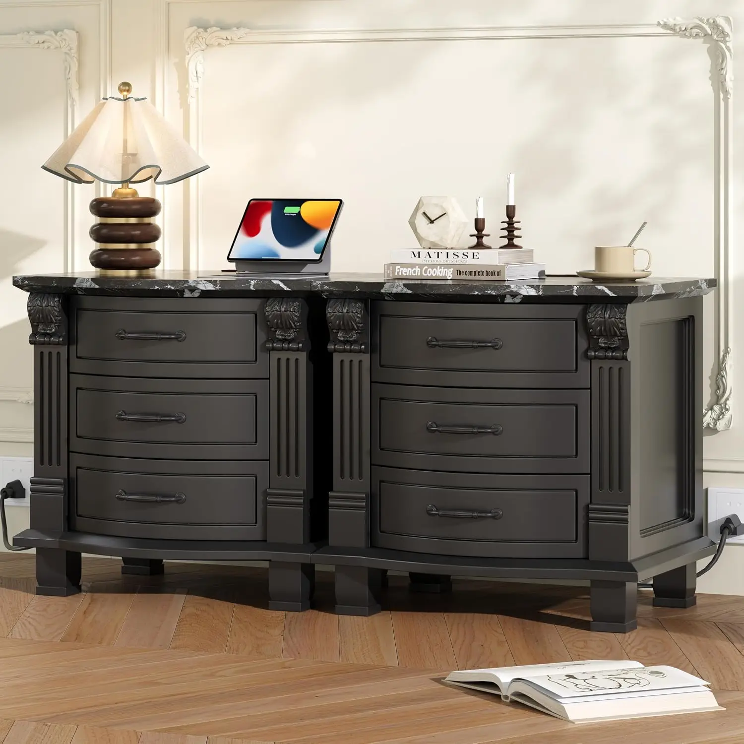 Solid Wood Curved Nightstand Set of 2 with Charger Station, Water-Based Painted Bedside Table with 3 Drawer