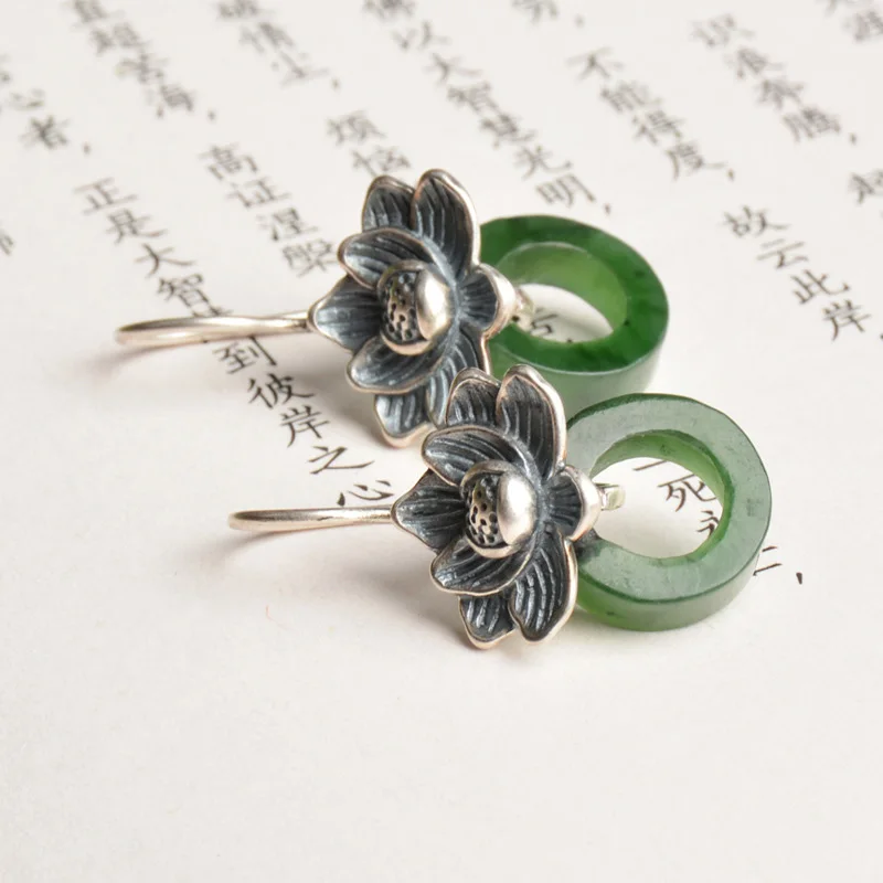 

Original Designer 925 silver inlay natural Hetian jasper earrings for women Exquisite lotus Eardrop elegant classic jewelry